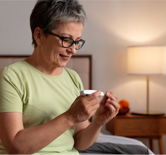 Smiling woman with glucometer